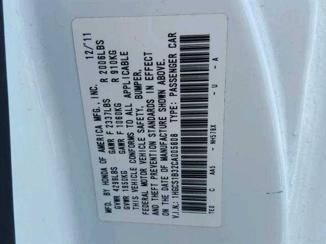 1HGCS1B32CA005608 - 2012 HONDA ACCORD LX WHITE photo 10