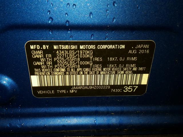 JA4AR3AU9HZ002229 - 2017 MITSUBISHI OUTLANDER BLUE photo 10