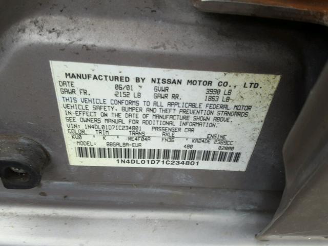 1N4DL01D71C234801 - 2001 NISSAN ALTIMA XE GRAY photo 10