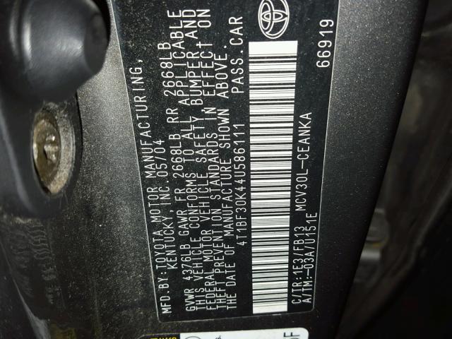 4T1BF30K44U586111 - 2004 TOYOTA CAMRY LE GRAY photo 10