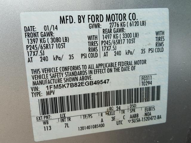 1FM5K7B82EGB49547 - 2014 FORD EXPLORER SILVER photo 10