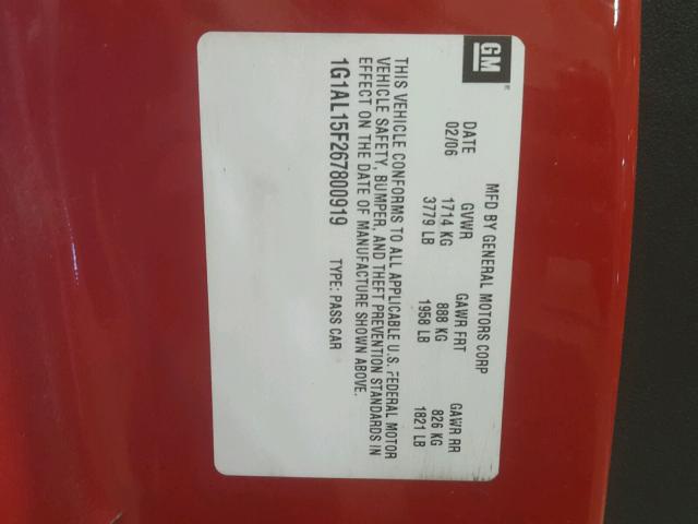 1G1AL15F267800919 - 2006 CHEVROLET COBALT LT RED photo 10