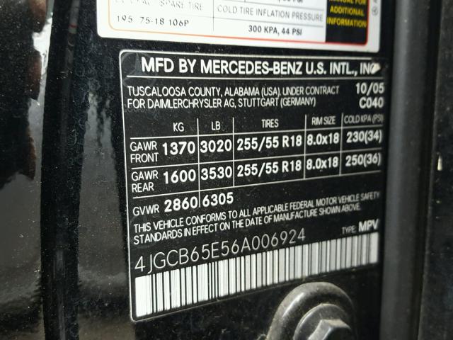 4JGCB65E56A006924 - 2006 MERCEDES-BENZ R 350 BLACK photo 10