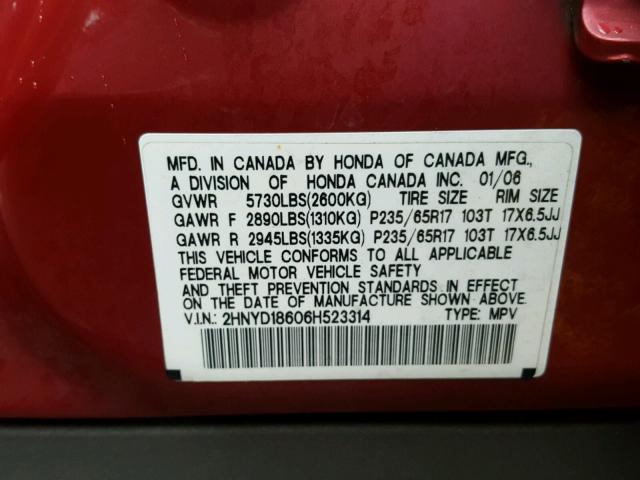 2HNYD18606H523314 - 2006 ACURA MDX TOURIN RED photo 10