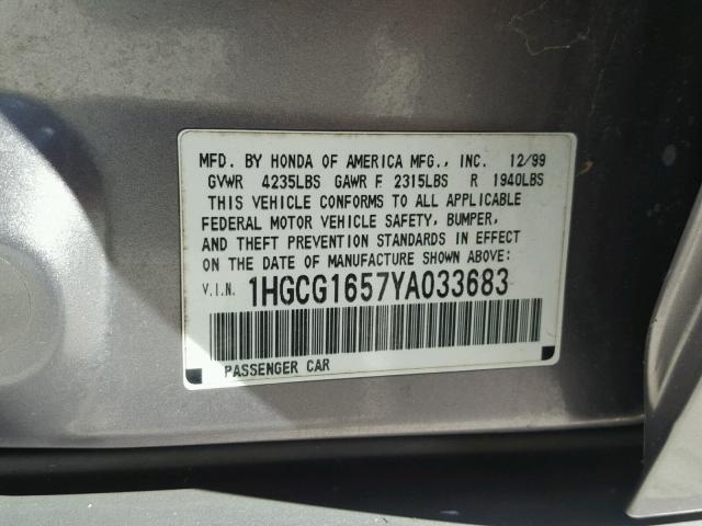 1HGCG1657YA033683 - 2000 HONDA ACCORD EX SILVER photo 10