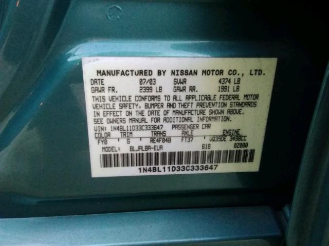 1N4BL11D33C333647 - 2003 NISSAN ALTIMA SE GREEN photo 10