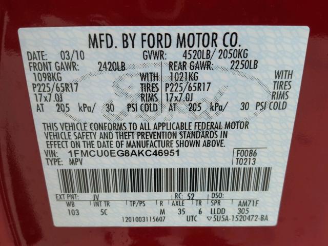 1FMCU0EG8AKC46951 - 2010 FORD ESCAPE LIM RED photo 10