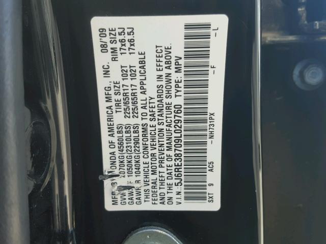 5J6RE38709L029760 - 2009 HONDA CR-V EXL BLACK photo 10