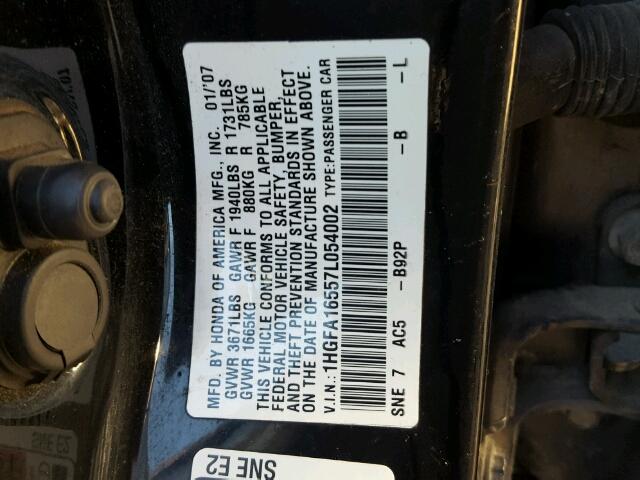 1HGFA16557L054002 - 2007 HONDA CIVIC LX BLACK photo 10