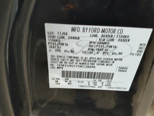 1FMYU93175KC28696 - 2005 FORD ESCAPE XLT BLACK photo 10