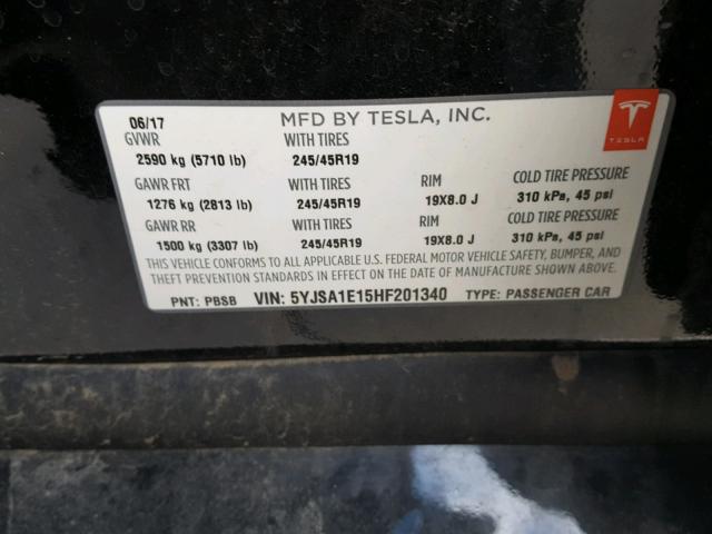 5YJSA1E15HF201340 - 2017 TESLA MODEL S 黑色 照片 10