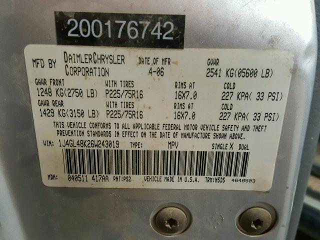 1J4GL48K26W243019 - 2006 JEEP LIBERTY SP SILVER photo 10