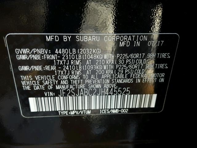 JF2SJABC2JH445525 - 2018 SUBARU FORESTER 2 BLACK photo 10