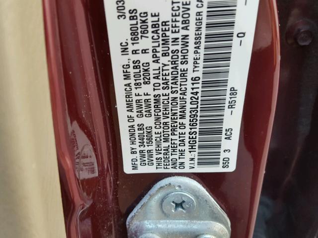 1HGES16593L024116 - 2003 HONDA CIVIC LX BURGUNDY photo 10