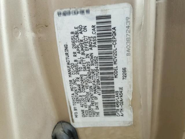 4T1BF28K1YU941952 - 2000 TOYOTA CAMRY LE TAN photo 10