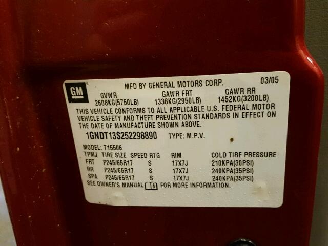 1GNDT13S252298890 - 2005 CHEVROLET TRAILBLAZE RED photo 10