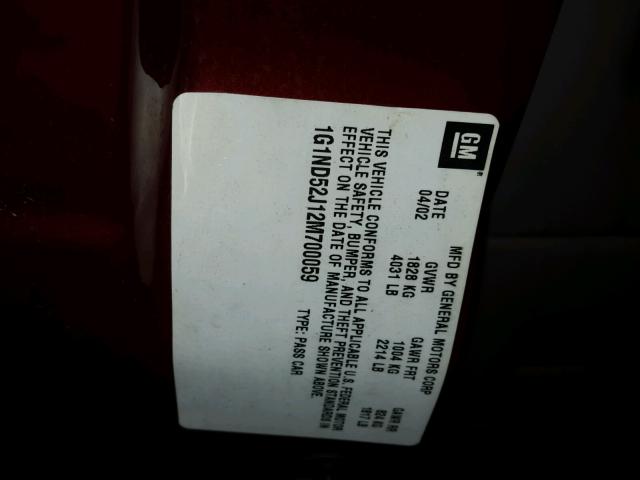 1G1ND52J12M700059 - 2002 CHEVROLET MALIBU მუქწითელი ფოტო 10