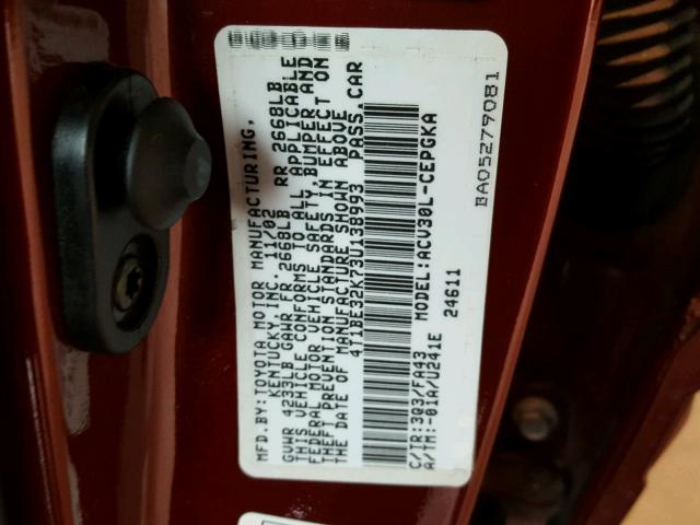 4T1BE32K73U138993 - 2003 TOYOTA CAMRY LE RED photo 10