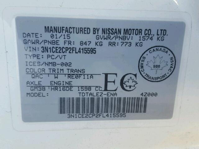 3N1CE2CP2FL415595 - 2015 NISSAN VERSA NOTE WHITE photo 10