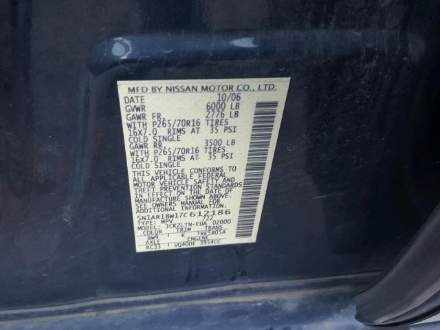 5N1AR18W17C612186 - 2007 NISSAN PATHFINDER BLUE photo 10