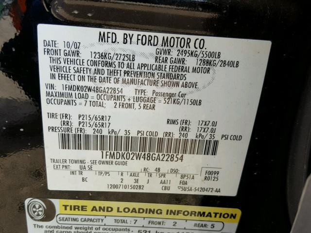 1FMDK02W48GA22854 - 2008 FORD TAURUS X S BLACK photo 10