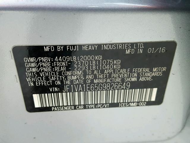 JF1VA1E65G9826649 - 2016 SUBARU WRX PREMIU SILVER photo 10