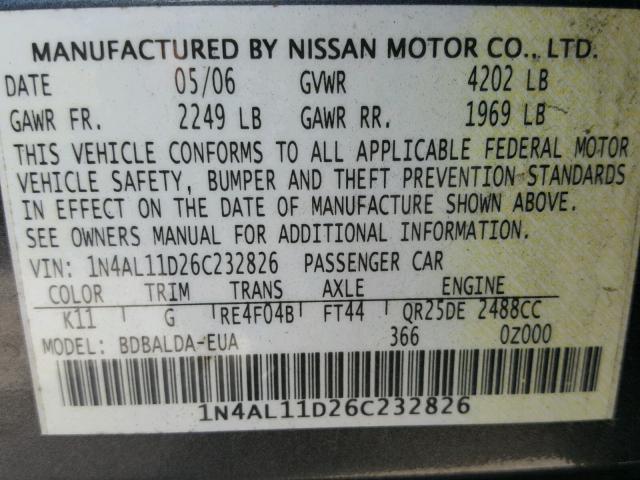 1N4AL11D26C232826 - 2006 NISSAN ALTIMA S GRAY photo 10