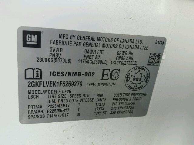 2GKFLVEK1F6269279 - 2015 GMC TERRAIN SL WHITE photo 10