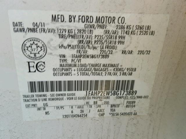 1FAHP2EW5BG173889 - 2011 FORD TAURUS SEL WHITE photo 10