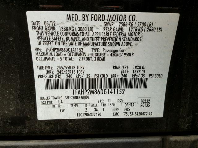 1FAHP2M86DG141152 - 2013 FORD TAURUS POL BLACK photo 10