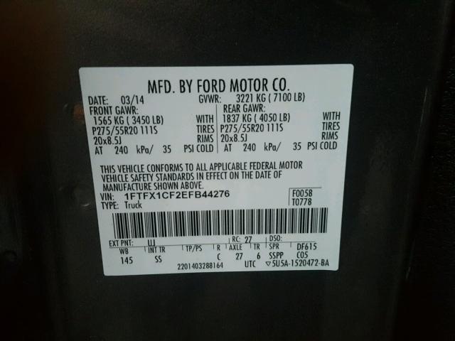 1FTFX1CF2EFB44276 - 2014 FORD F150 SUPER GRAY photo 10