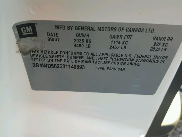 2G4WD582581143393 - 2008 BUICK LACROSSE C WHITE photo 10