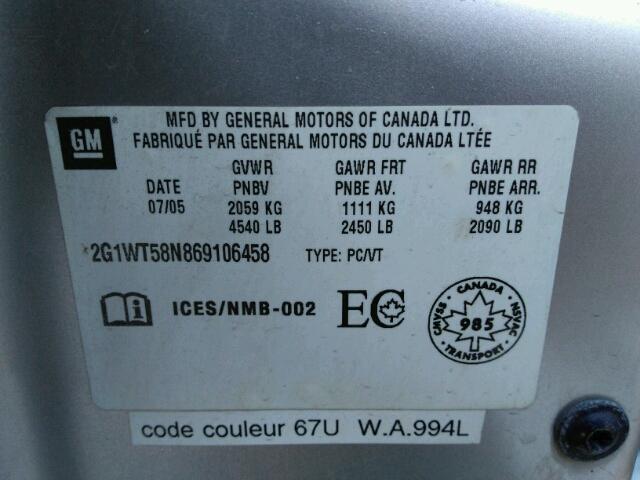 2G1WT58N869106458 - 2006 CHEVROLET IMPALA LT SILVER photo 10