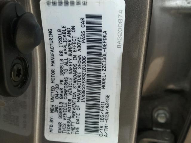 1NXBR32E33Z181306 - 2003 TOYOTA COROLLA CE GRAY photo 10