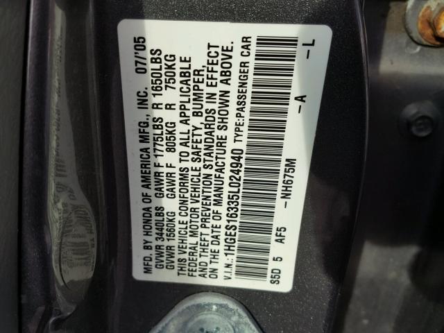 1HGES16335L024940 - 2005 HONDA CIVIC DX V GRAY photo 10