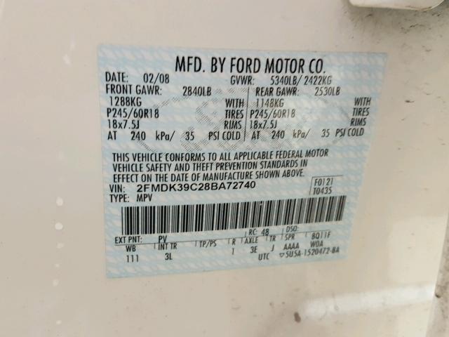 2FMDK39C28BA72740 - 2008 FORD EDGE LIMIT WHITE photo 10