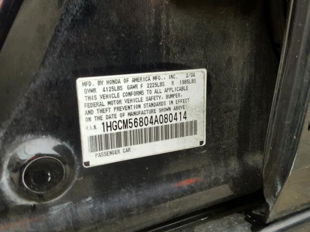 1HGCM56804A080414 - 2004 HONDA ACCORD EX BLACK photo 10