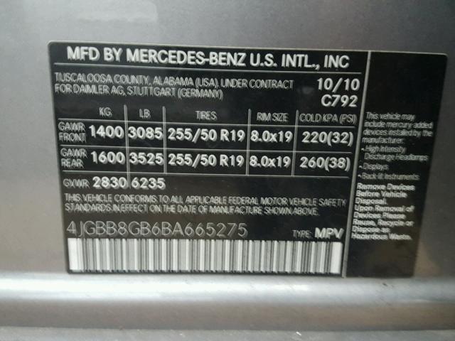 4JGBB8GB6BA665275 - 2011 MERCEDES-BENZ ML 350 4MA SILVER photo 10