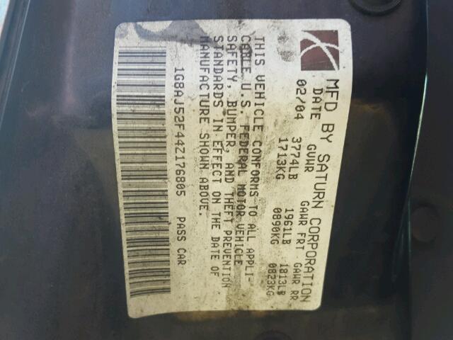 1G8AJ52F44Z176805 - 2004 SATURN ION LEVEL GRAY photo 10