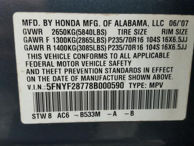 5FNYF28778B000590 - 2008 HONDA PILOT EXL BLUE photo 10