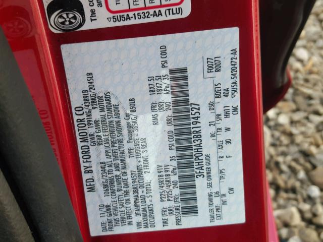 3FAHP0HA3BR194527 - 2011 FORD FUSION SE RED photo 10