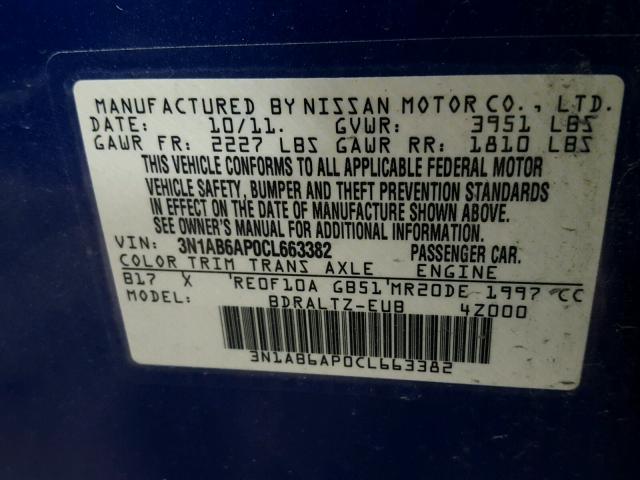 3N1AB6AP0CL663382 - 2012 NISSAN SENTRA 2.0 BLUE photo 10