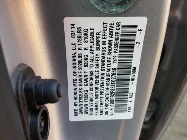 19XFB2F83EE027656 - 2014 HONDA CIVIC EX 银色 照片 10