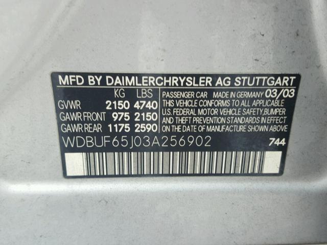 WDBUF65J03A256902 - 2003 MERCEDES-BENZ E 320 SILVER photo 10