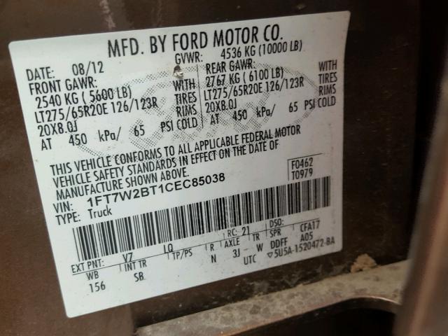 1FT7W2BT1CEC85038 - 2012 FORD F250 SUPER MAROON photo 10