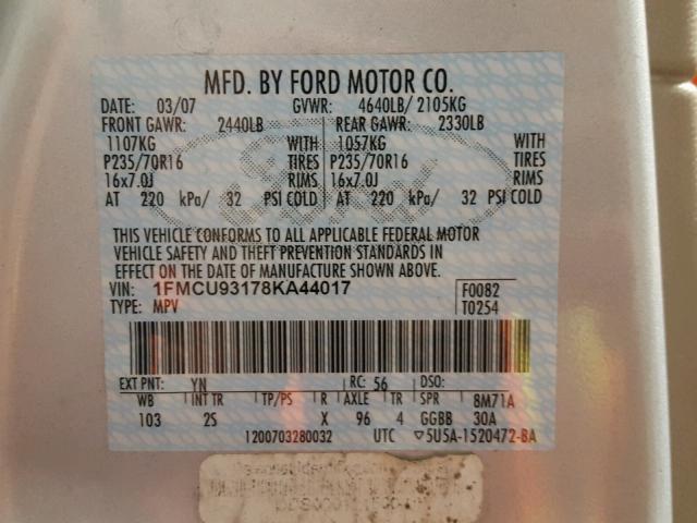 1FMCU93178KA44017 - 2008 FORD ESCAPE XLT SILVER photo 10