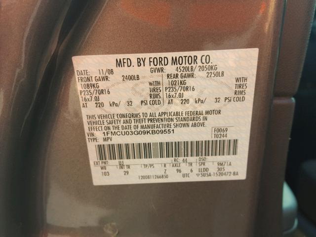 1FMCU03G09KB09551 - 2009 FORD ESCAPE XLT GRAY photo 10