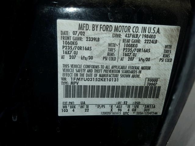 1FMYU03152KE10131 - 2002 FORD ESCAPE XLT BLACK photo 10