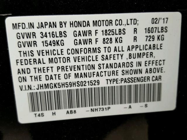 JHMGK5H59HS021529 - 2017 HONDA FIT LX أسود صورة 10