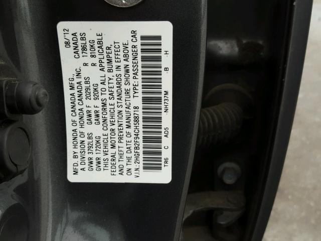 2HGFB2F94CH588718 - 2012 HONDA CIVIC EXL GRAY photo 10